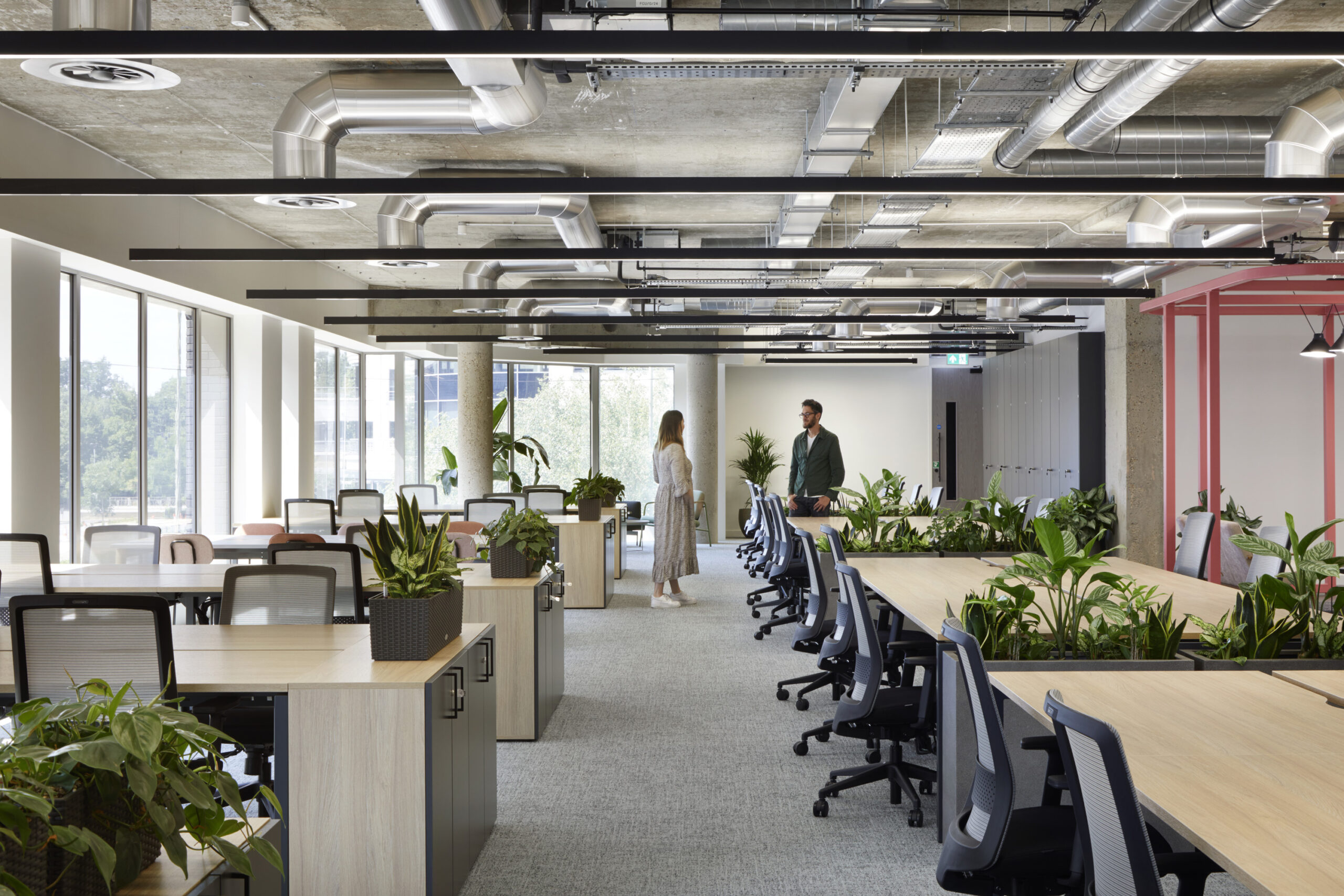 Two people talking in an office, with plants on the tables, at Forge.