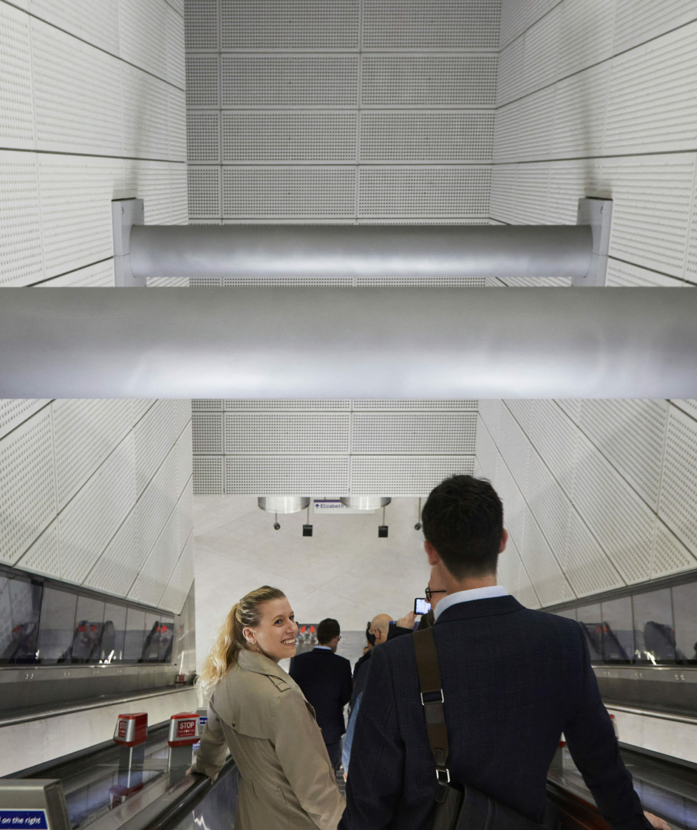 Interior escalators at Tottenham Court Road Station Elizabeth Line