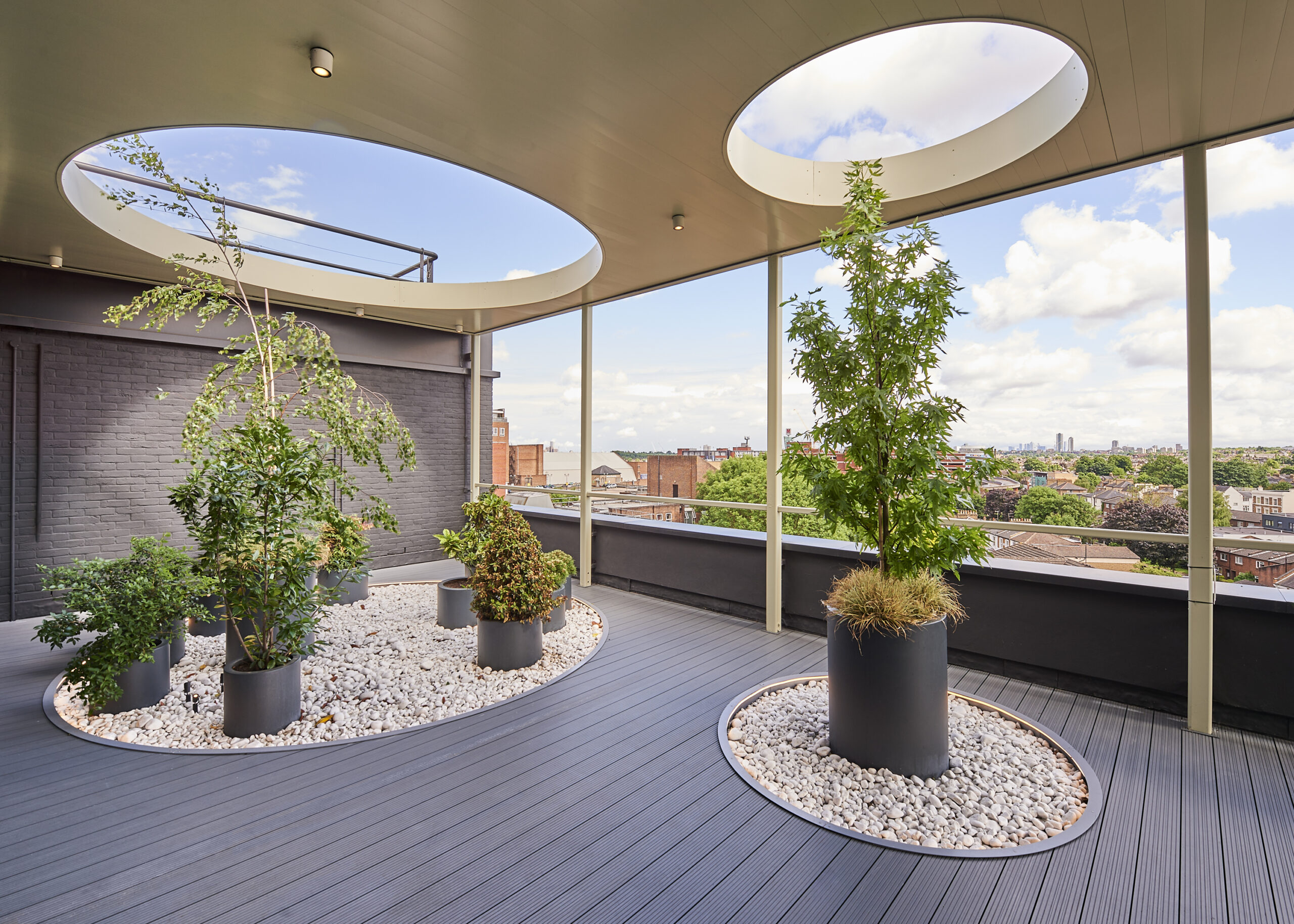 External roof terrace with plants pots and views of London at Greenside House