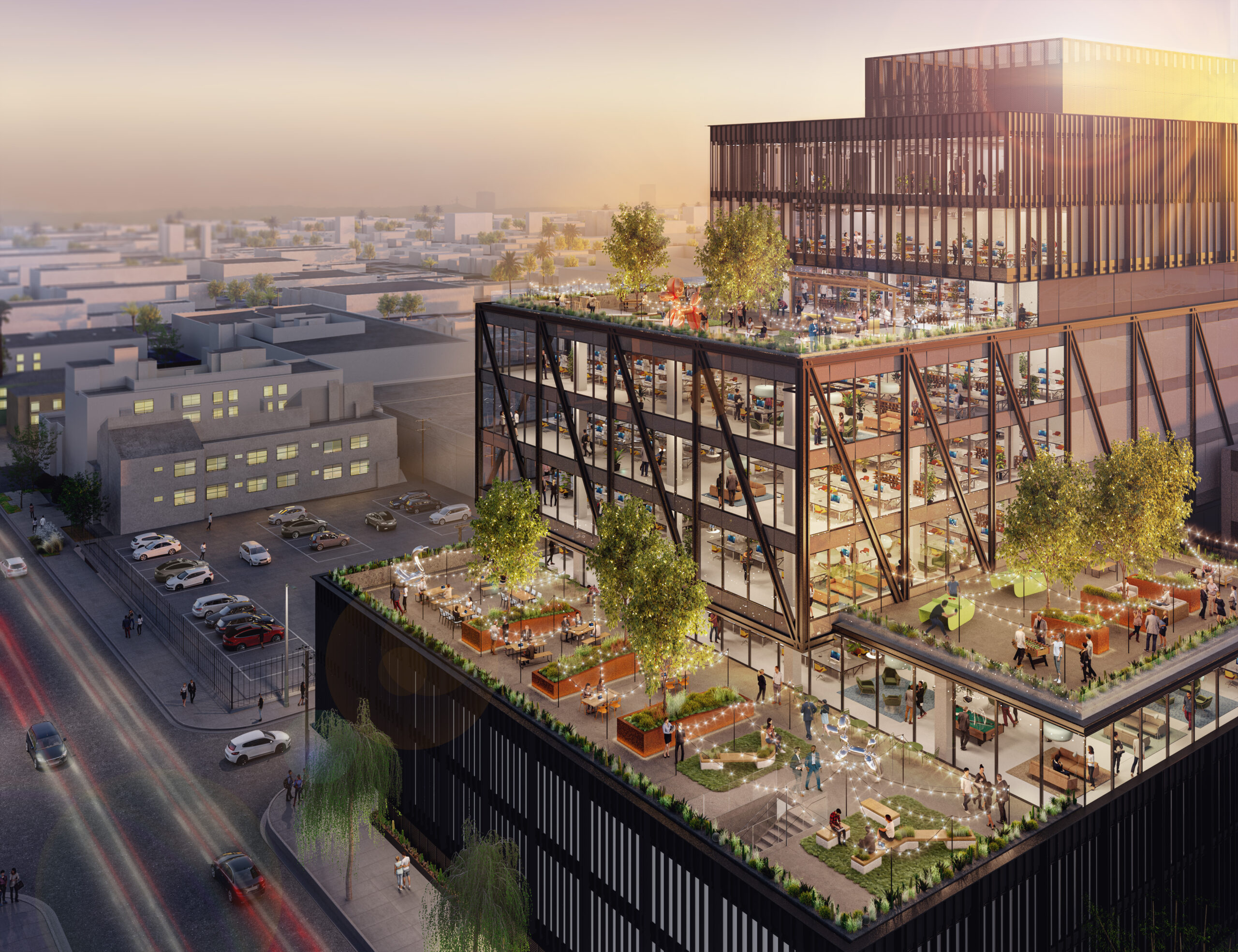 Hawkins Brown - 1000 Seward Street - Exterior CGI - showing users on the rooftop areas