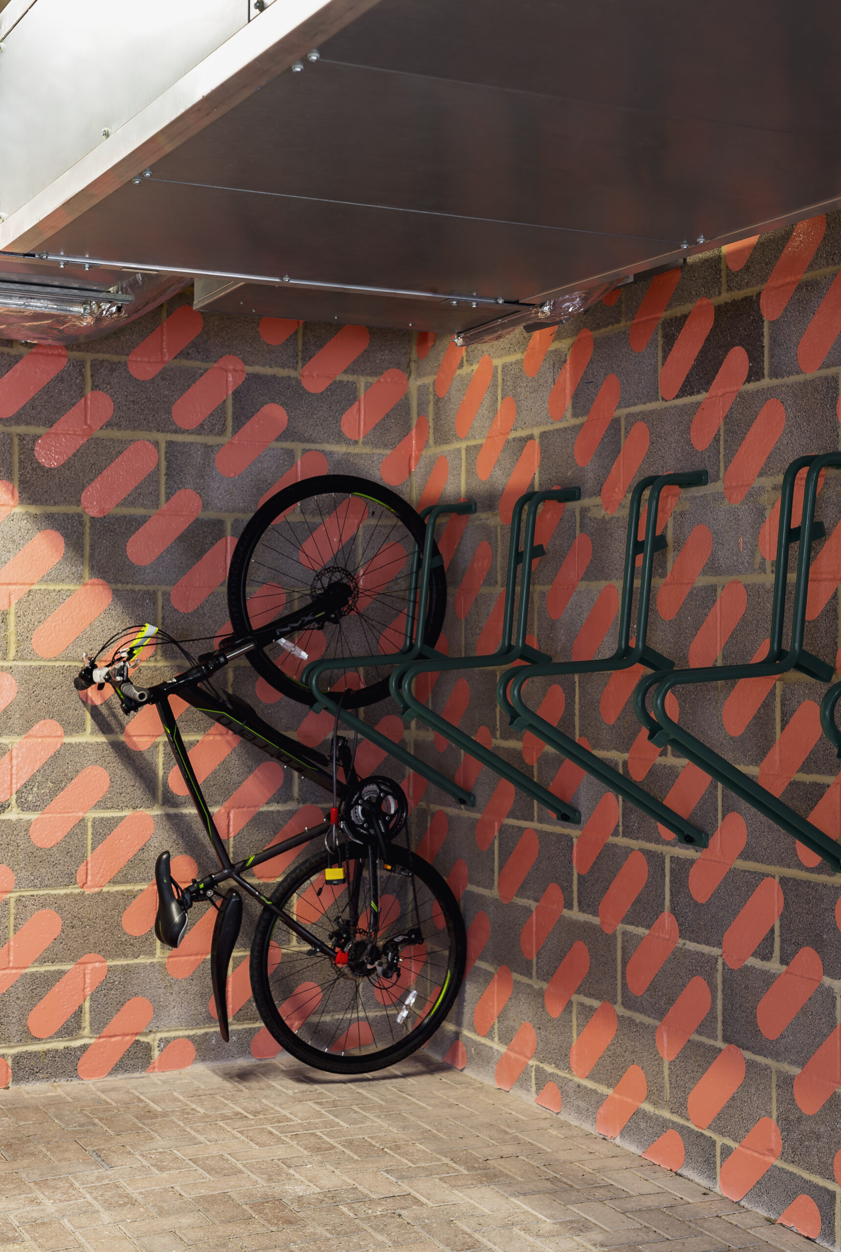 Bike hung up in a cycling storage facility