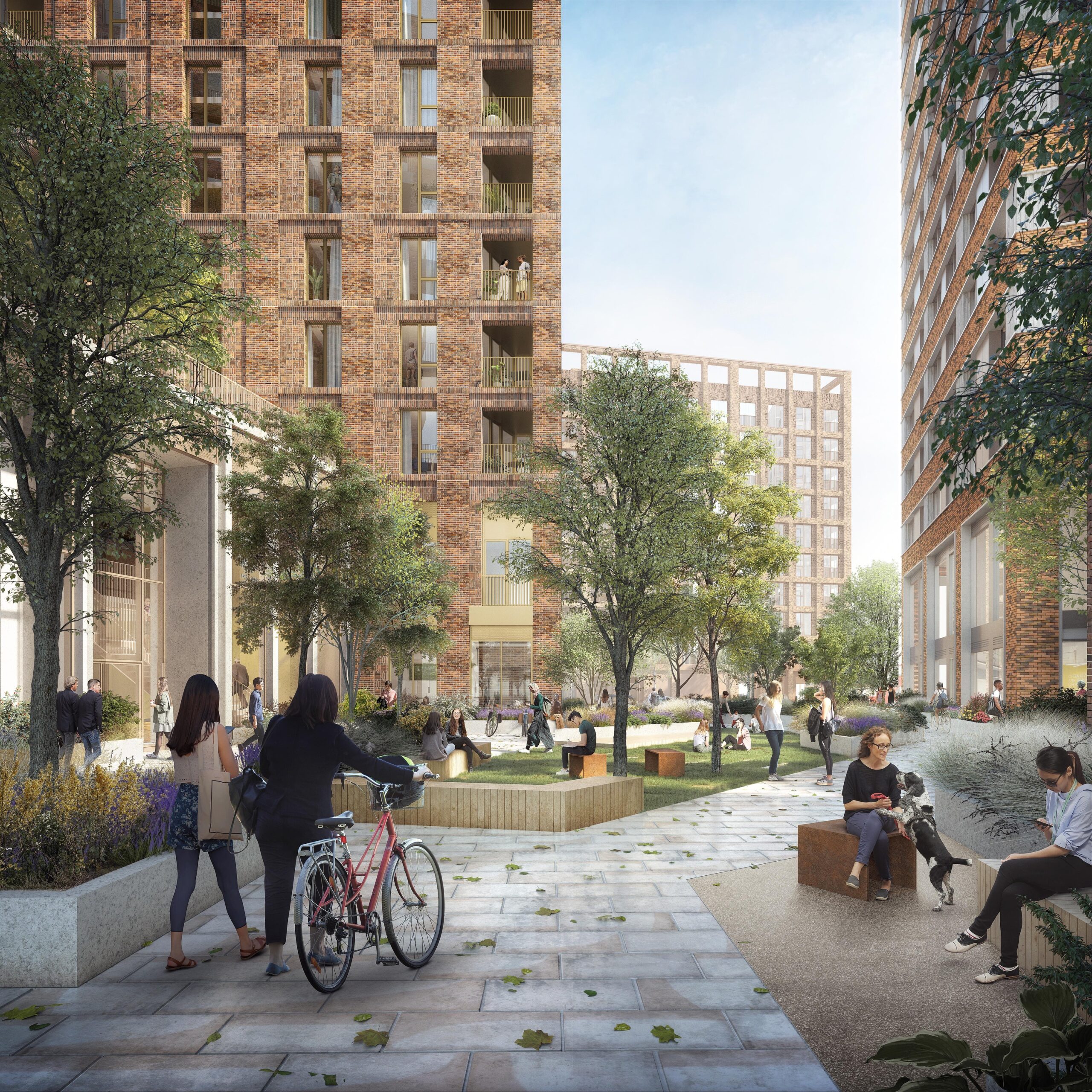 CGI animation showing public space/realm at Swandon Way, with people sitting on benches, walking their dog, and hanging out.