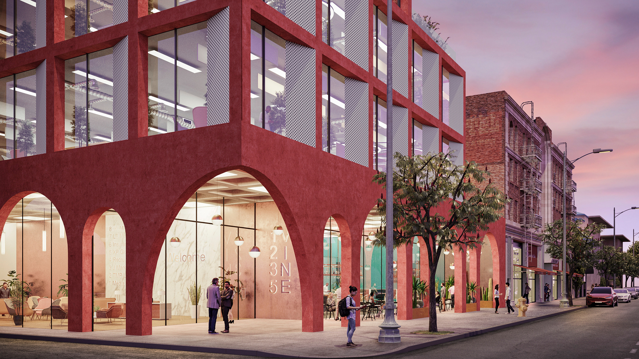 Hawkins Brown - Vine Street - dusk setting - street view