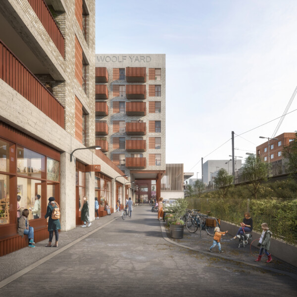 CGI of a street view of Wool Yard in Hackney Wick