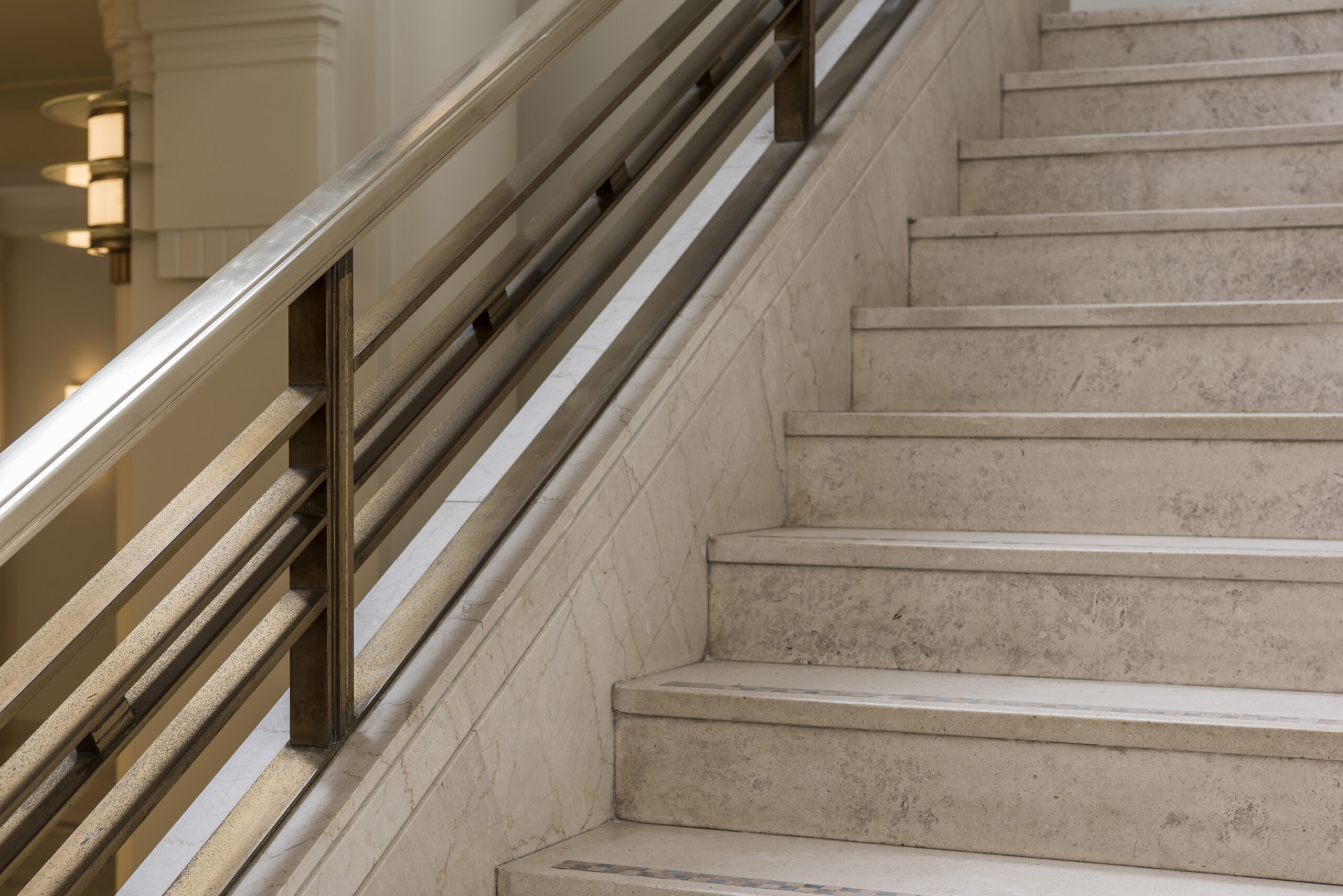 Interior details shot showing stairs and railing at Hackney Town Hall