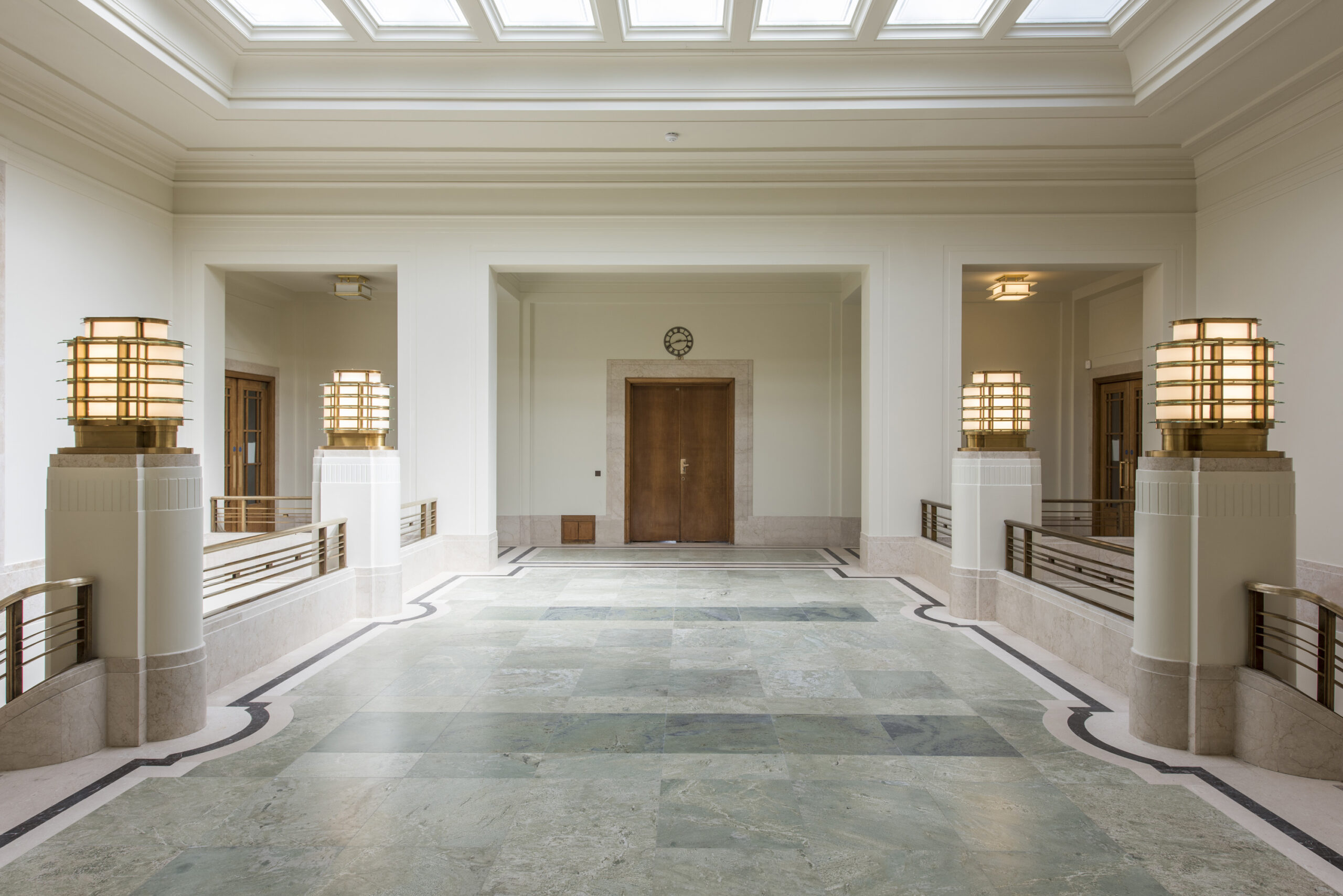 Interior landing area outside of the rooms at Hackney Town Hall.