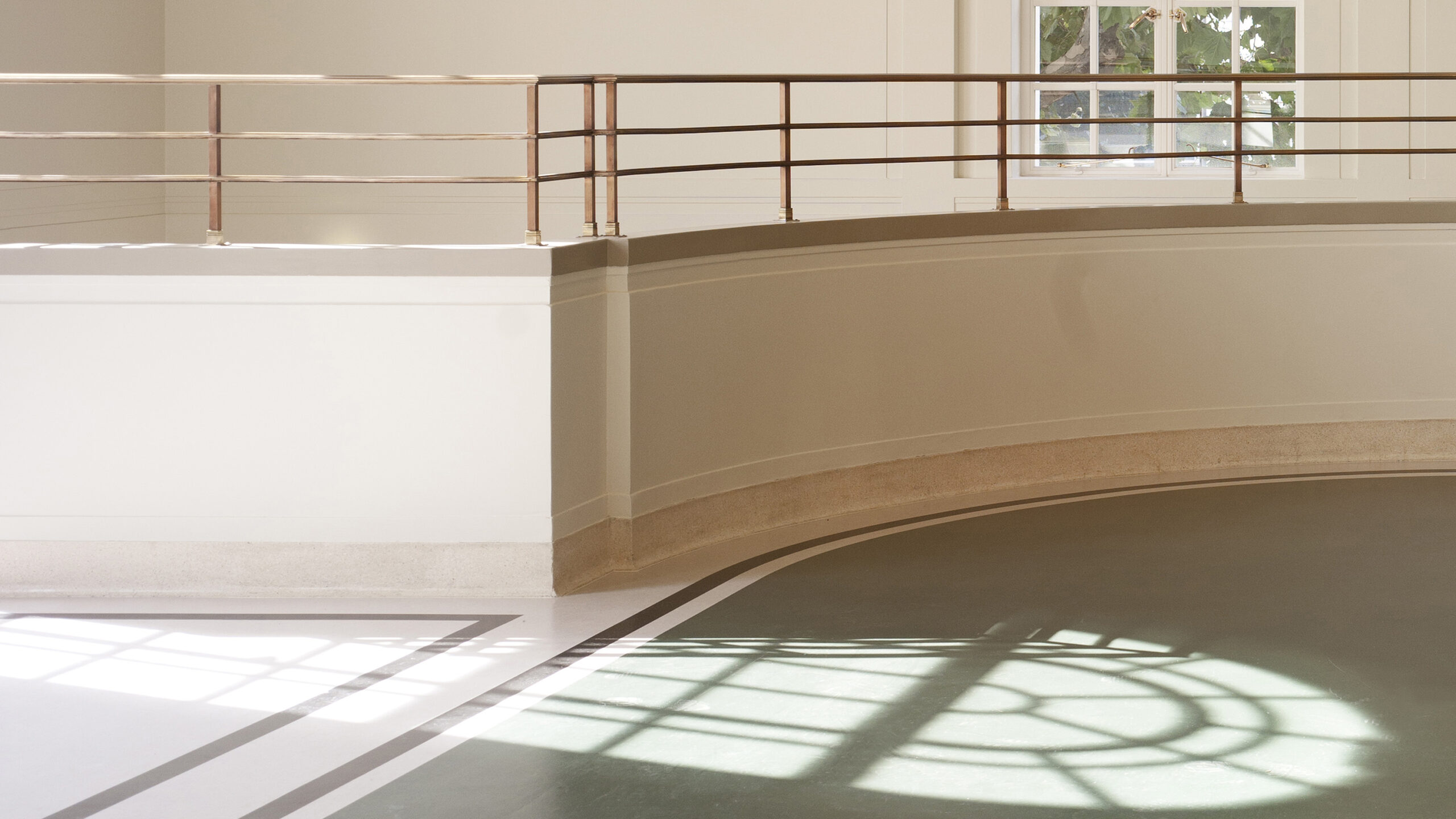 Interior details shot showing landing are and stairs at Hackney Town Hall