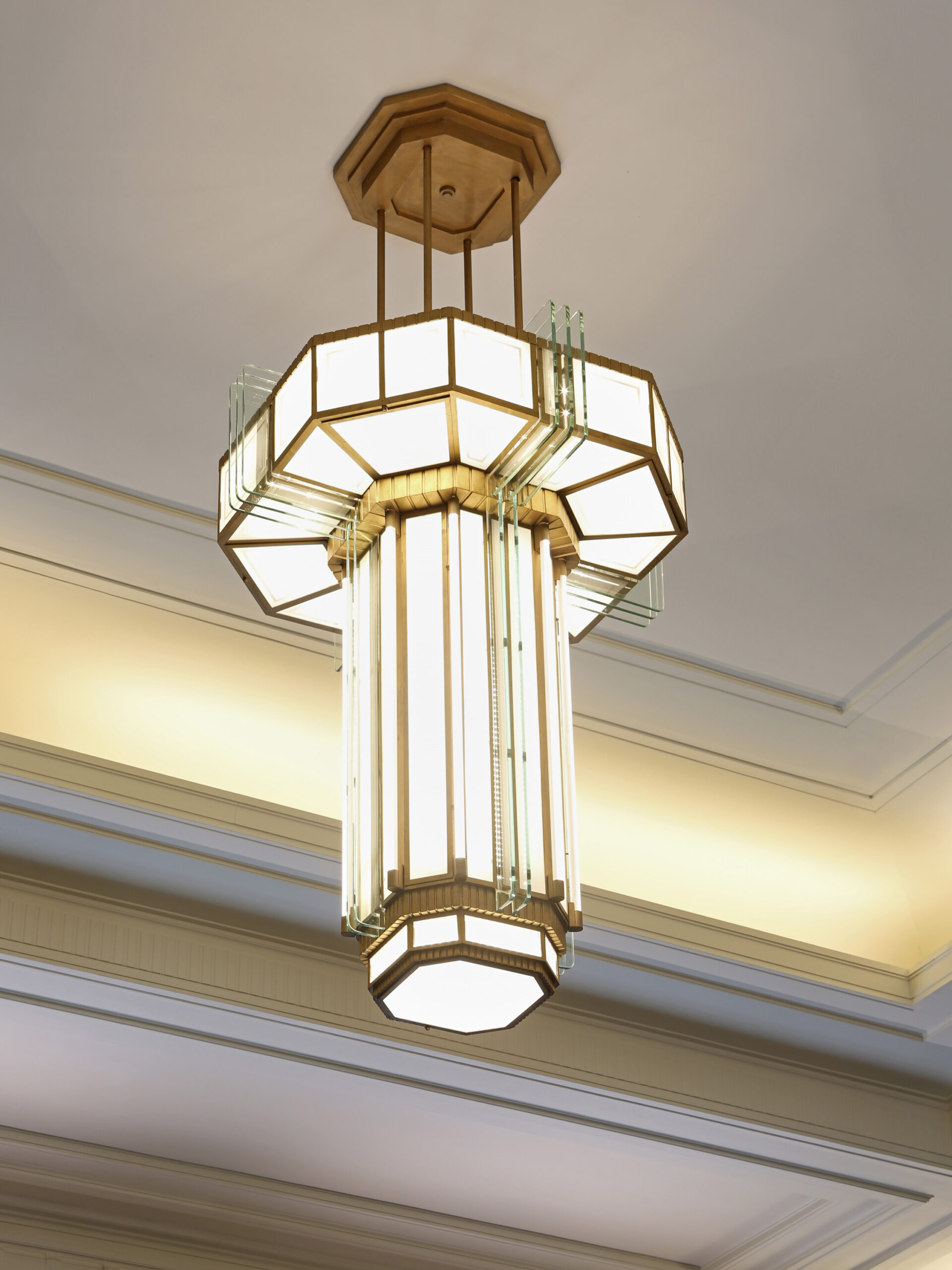 Hanging, art-deco style light fixture at Hackney Town Hall