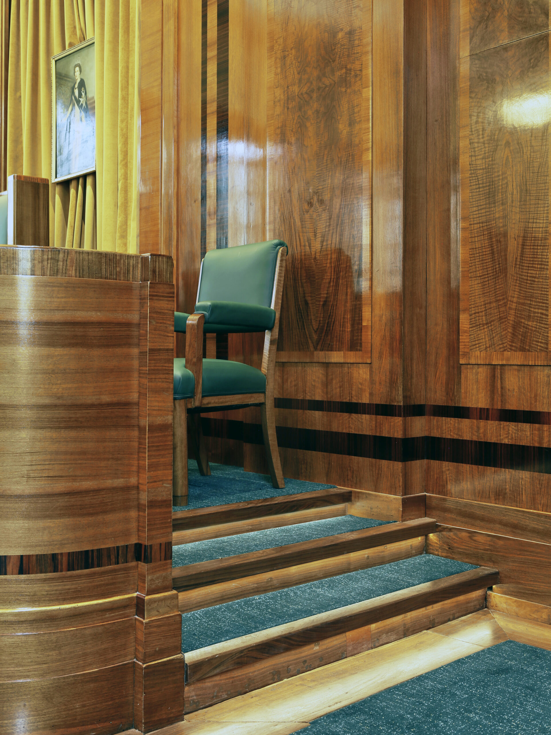 Interior shot of blue seating in the council chamber rooms at Hackney Town Hall