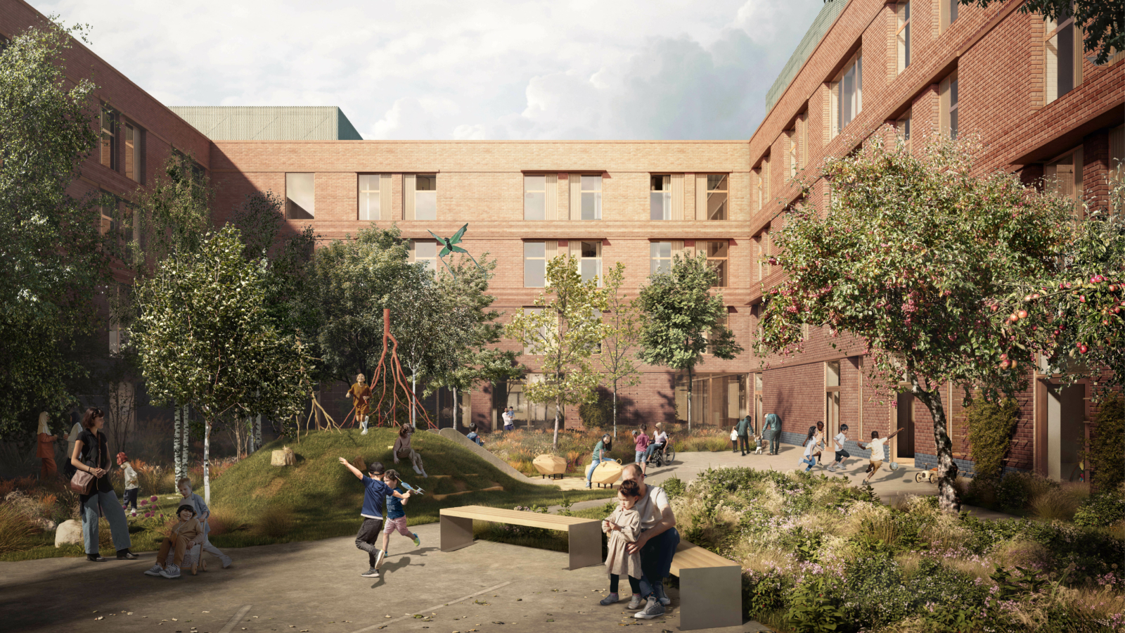 External CGI of the landscaped central courtyard in the centre of the Family Welcome Centre