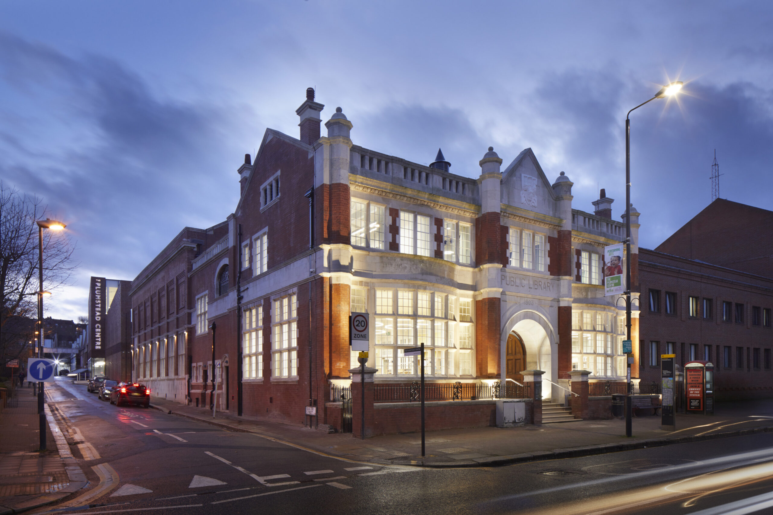 Street view of Plumstead Centre at sunset.