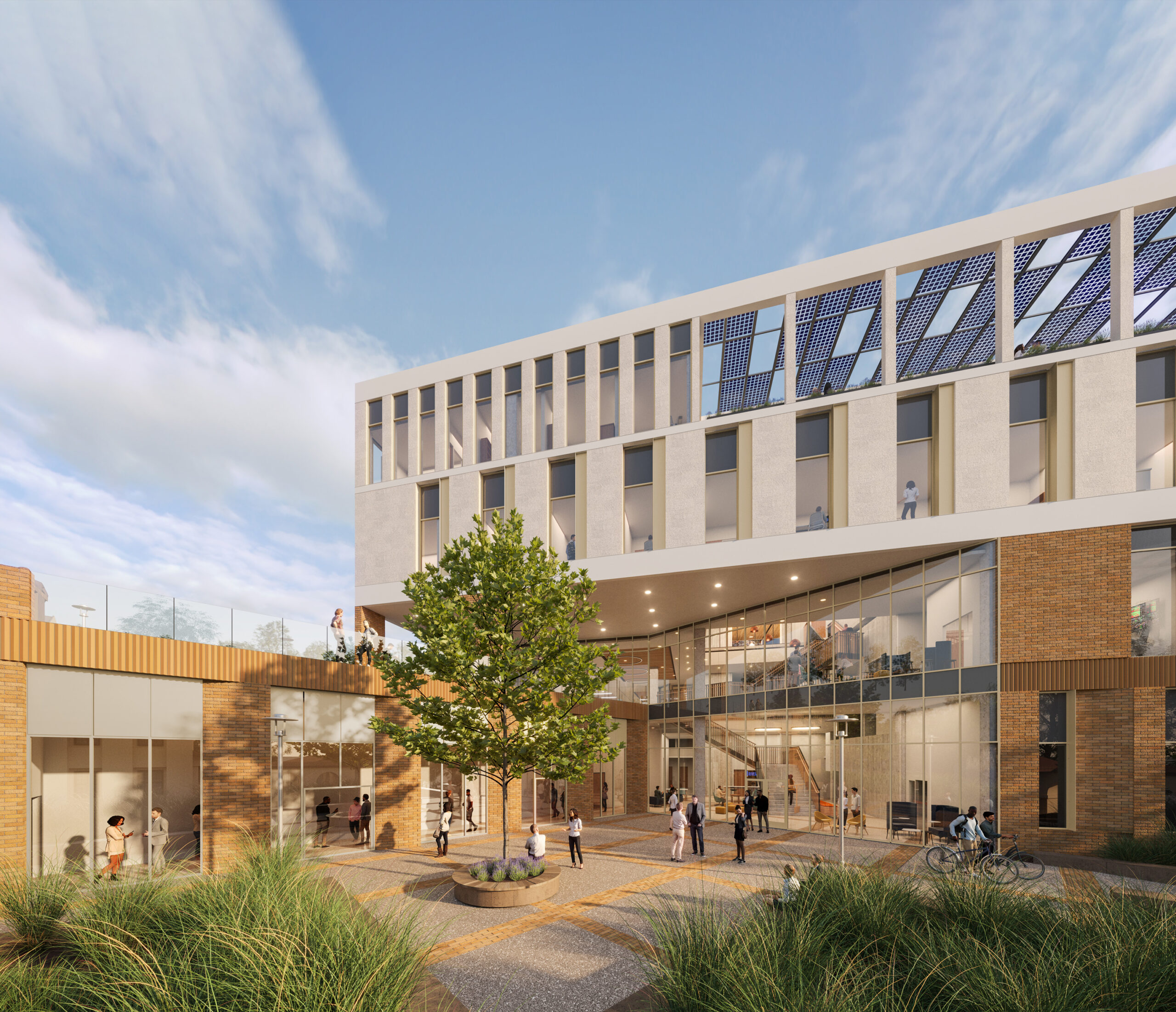 External CGI showing entrance to UC Riversides School of Business, during the day