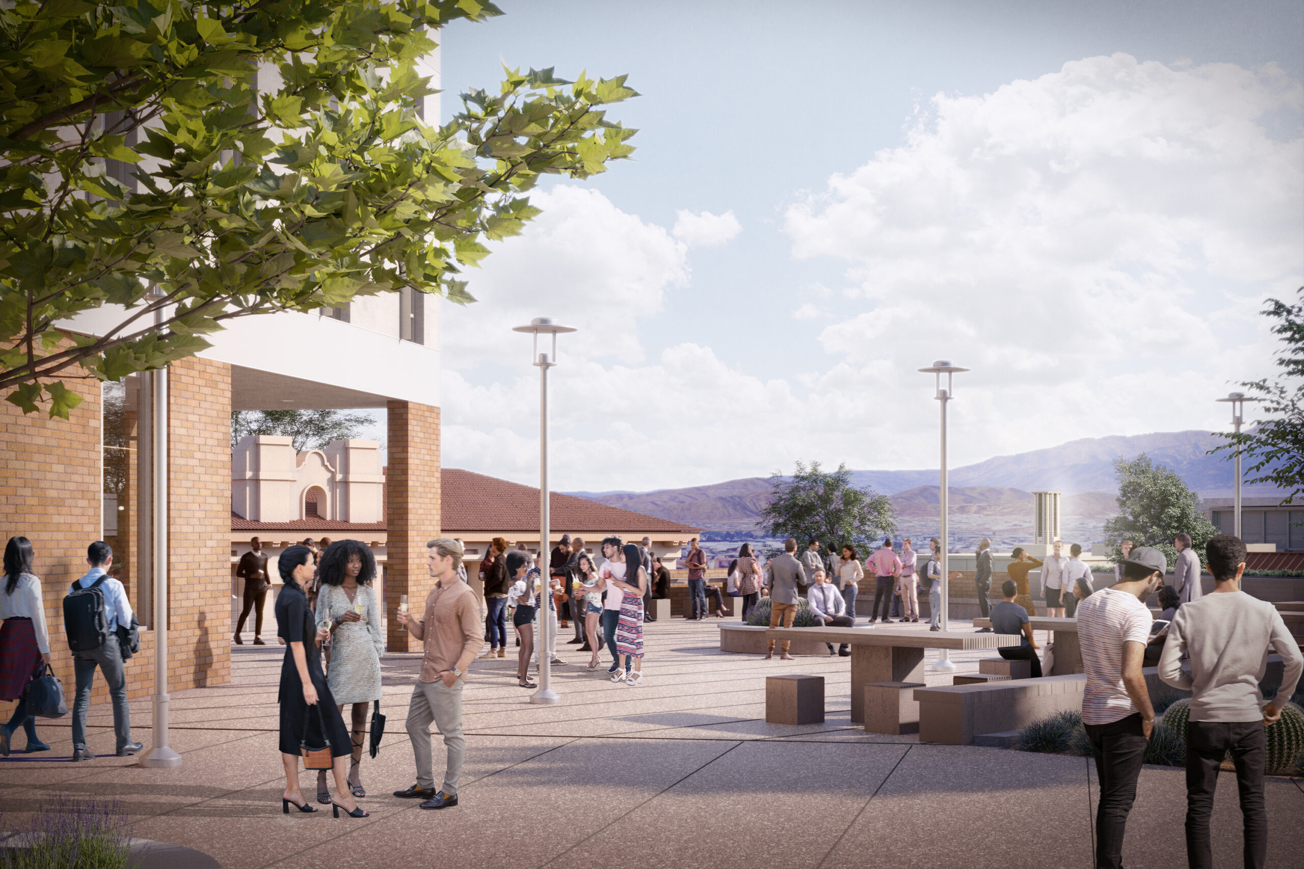 External CGI showing a large outdoor terrace overlooking greenery at UC Riverside School of Business