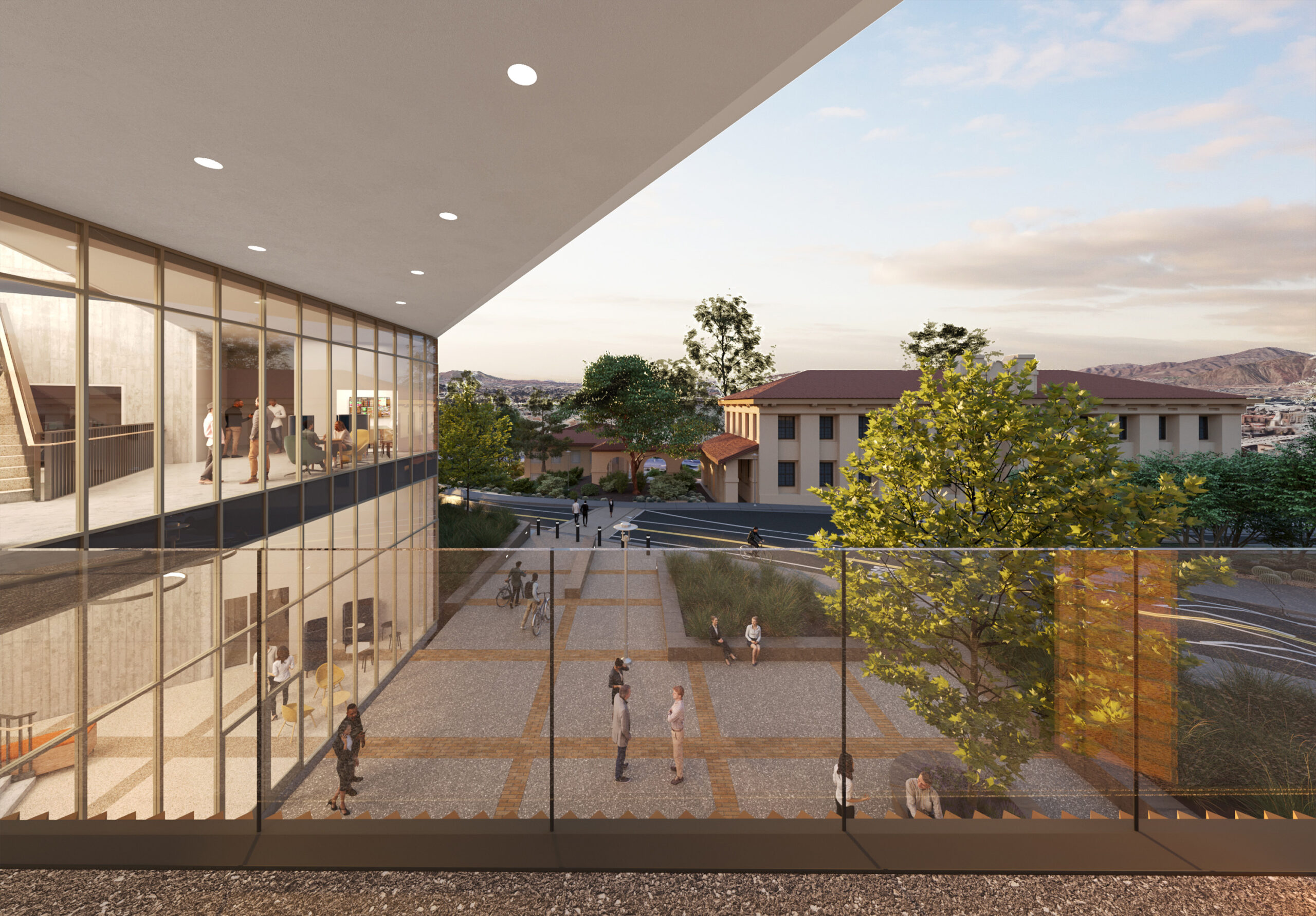 External CGI showing terrace overlooking the ground floor, within the UC Riverside School of Business