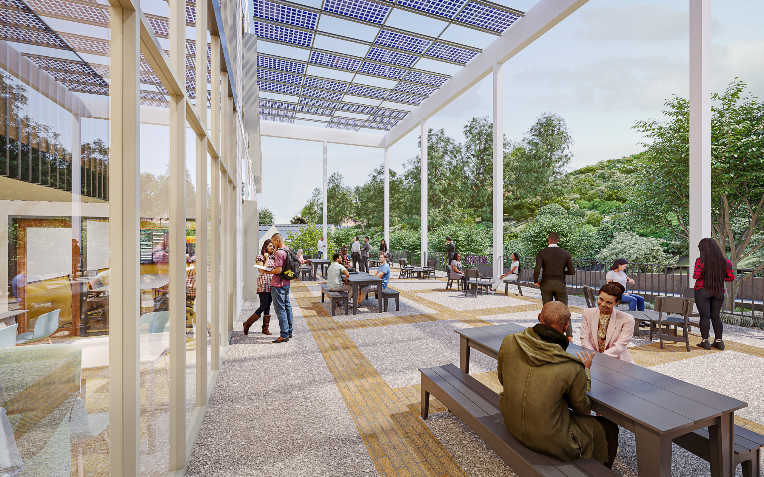 External CGI showing people sitting on benches and chatting at UC Riverside School of Business