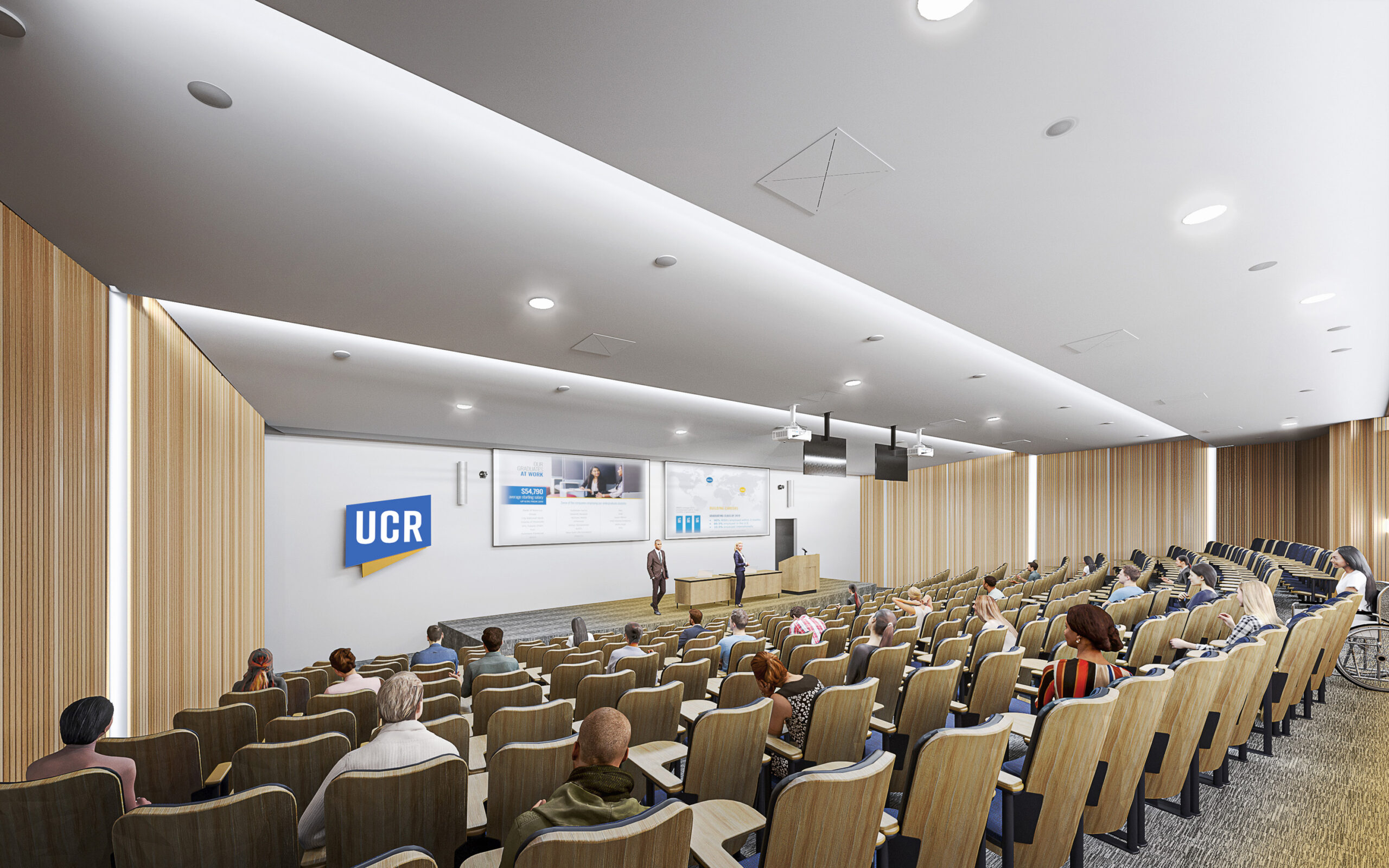 Internal CGI showing teaching spaces/rooms at UC Riverside School of Business
