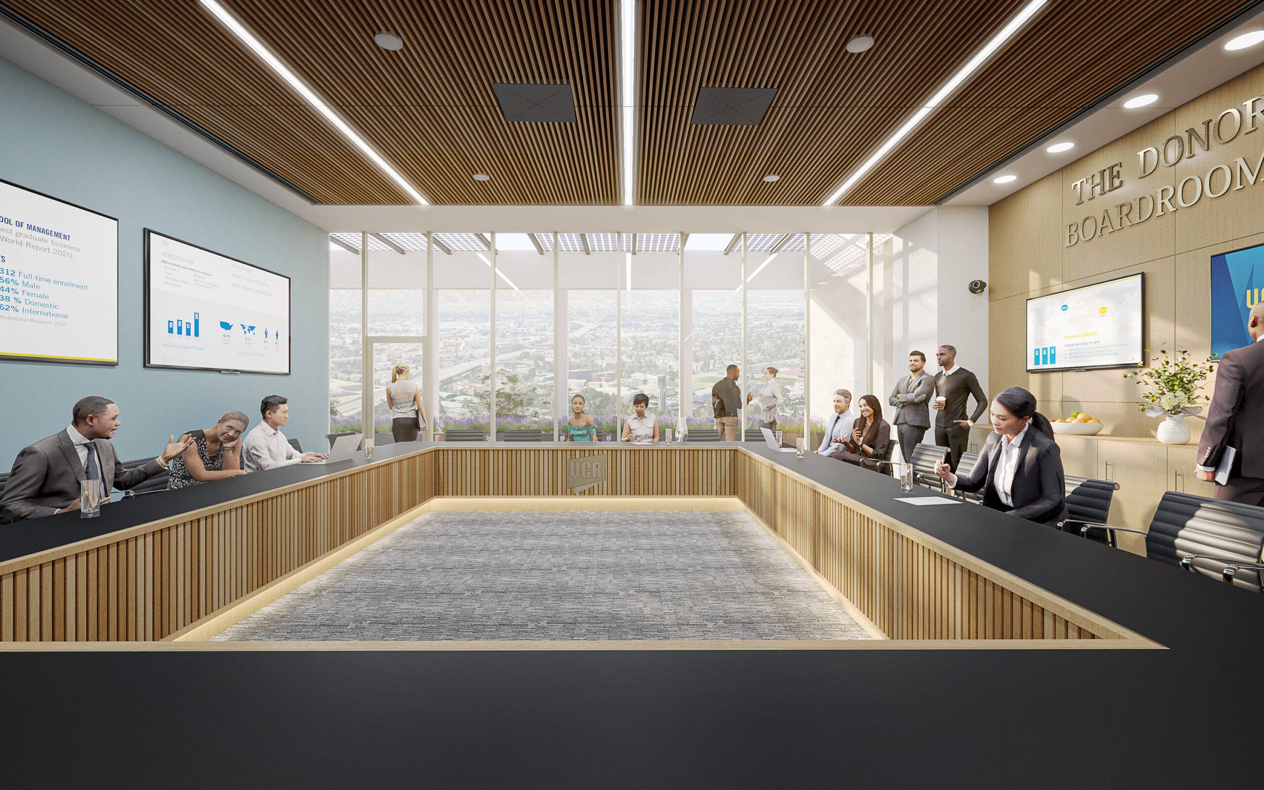 Internal CGI showing people sat inside a boardroom at UC Riverside School of Business