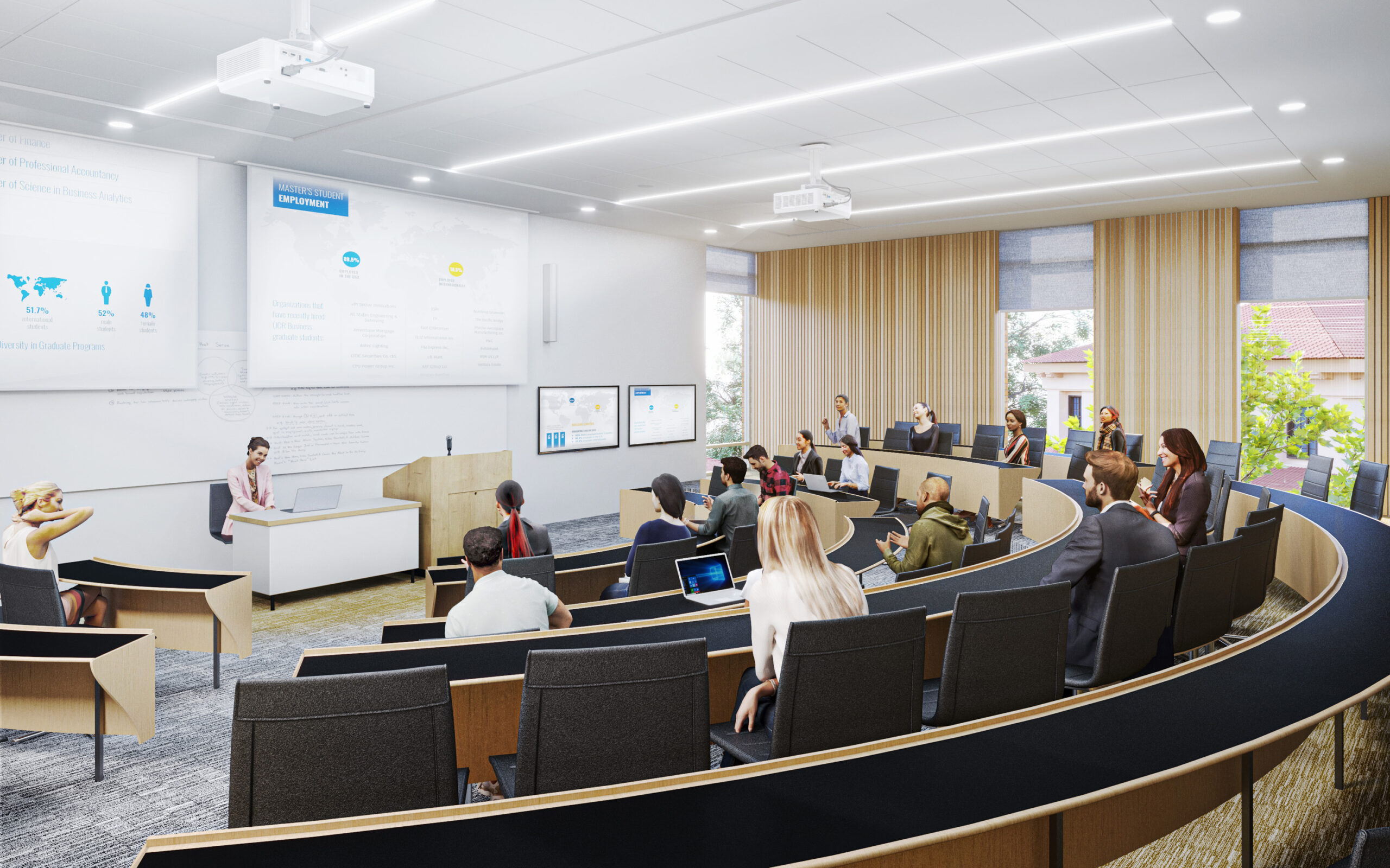 Internal CGI showing teaching space at UC Riverside School of Business