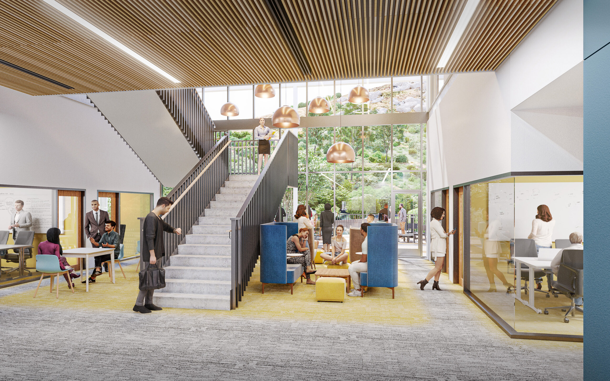 Internal CGI showing breakout areas at UC Riverside School of Business