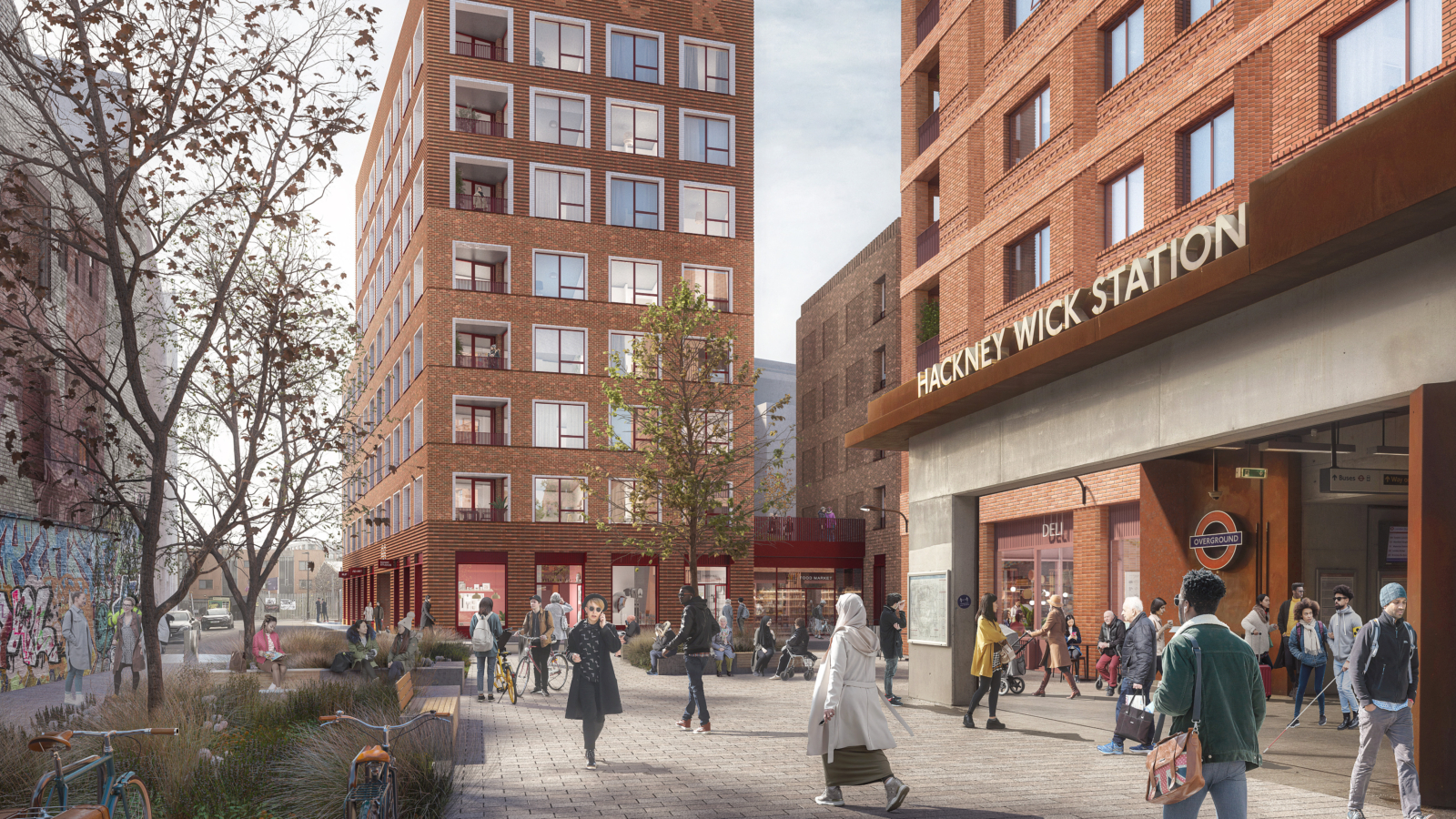 External CGI of people walking in and out of Hackney Wick Station onto Phoenix Square.